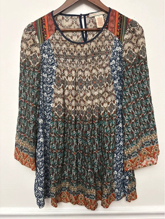 Flying Tomato Tops - Flying Tomato Boho Mixed Print Smocked Tunic Top Size Small